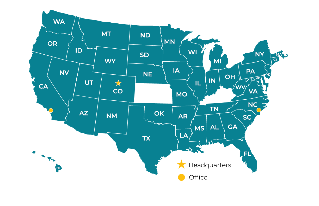 A map of the United States highlighting all states. It marks company headquarters in Colorado (star icon) and offices in California, North Carolina, and Georgia (dot icons). Hawaii and Alaska are also shown.