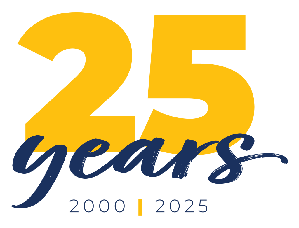 Large yellow number 25 with years in blue script across it, and 2000 | 2025 below—celebrating a 25-year anniversary of colorado engineering and civil engineering excellence.