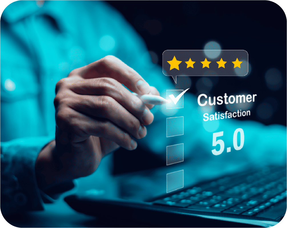 A person selects a five-star rating on a virtual screen with “Customer Satisfaction” and a 5.0 score, symbolizing excellent customer feedback for an SDVOSB engineering team, in front of a laptop keyboard.