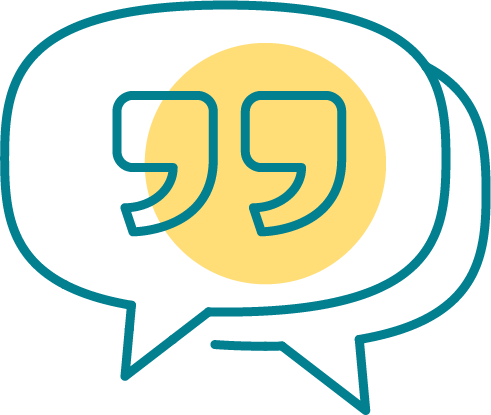 A teal outline of two overlapping speech bubbles with yellow quotation marks inside, set against a light background—perfect for representing SDVOSB engineering or a colorado engineering team.